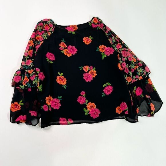 Express Long Sleeve Blouse Womens Large Black Floral Ruffle Sleeve Keyhole Front - Picture 8 of 10